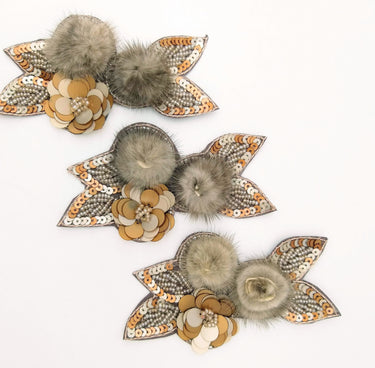 Grey and Antique Gold Hand Embroidered Floral Applique, Beaded and Sequins Applique